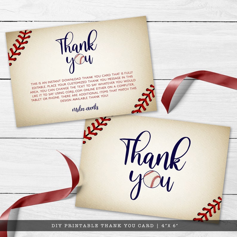 Instant Download Corjl Template Vintage Baseball Thank You Card Printable Thank You Card Baseball Thank You Card Sports Thank You Notes