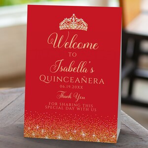 Red and Gold Glitter Quinceañera and Sweet Sixteen Party sign. Designed with sparkles, faux gold glitter, gold crown with diamond, and red background accents for a fabulous birthday. Designed By MetroEvents