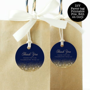 Navy and Gold Glitter Favor Tags: Editable Printable Gift Labels (Corjl Template)
