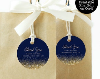 Marine en gouden gunst tag, ronde cadeaulabels, bewerkbare cadeaulabels, afdrukbare gunst tag, marine cadeau tag, Corjl sjabloon, gouden glitter gunst tag