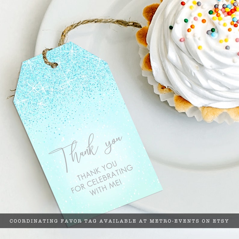 All the glam and sparkle needed for any sweet 16 party, this sweet 16 birthday favor tag is created with sparkling faux aqua glitter on a coordinating background.