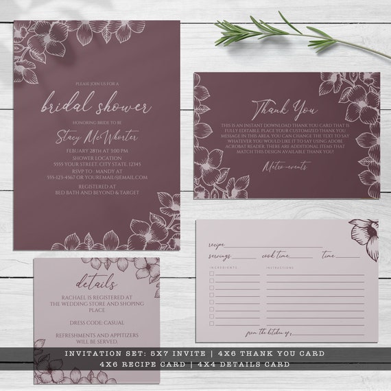 Plum Purple Floral Bridal Shower Invitation Set Invitation Thank You Card Enclosure Card