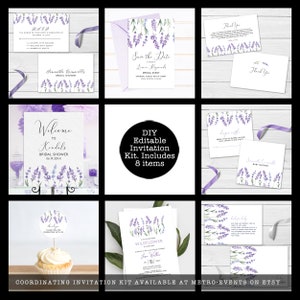 Digital invitation bundle for lavender wildflower baby shower featuring watercolor illustrations of wildflowers on a soft purple background.