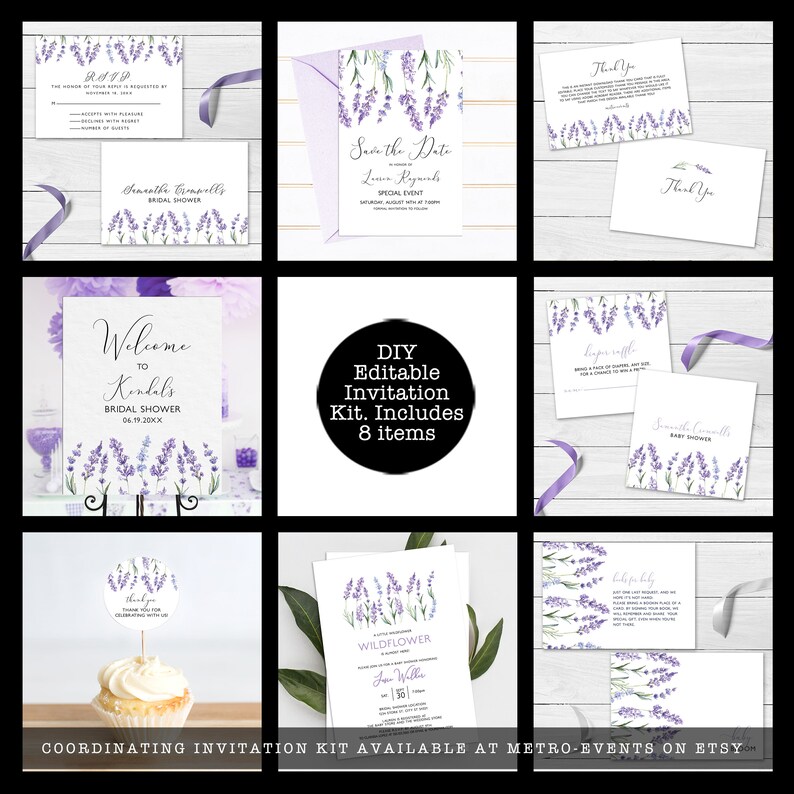 Digital invitation bundle for lavender wildflower baby shower featuring watercolor illustrations of wildflowers on a soft purple background.
