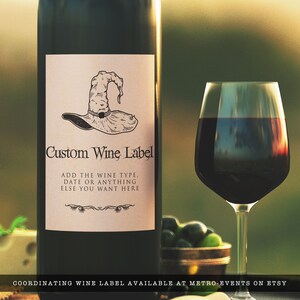 Vintage Witch Halloween Wine Labels. Let's get WICKED! Nothing says Halloween like a witch hat and broomsticks, this party theme features both with a lightly textured background and vintage accents. Designed By MetroEvents