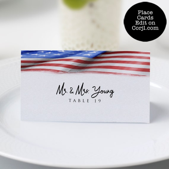 American Flag Place Card, Red White and Blue Table Card, Corjl Template, Retirement, Military Themed Name Card, Patriotic Style Escort Card Il_570xn