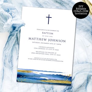 May include: Baptism invitation with a navy blue cross at the top. The invitation includes the text "Please join us as we celebrate the Baptism of our son Matthew Johnson." The invitation has blue and gold watercolor accents.