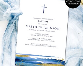 Personalized Baptism Invitations, Modern Baptism Invitation, Navy Watercolor Invitation, Printable Invitation, Instant Download, Navy Blue