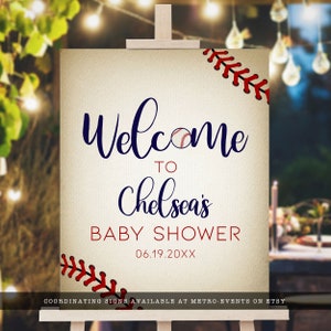 Vintage Baseball Baby Shower Welcome Signs. Created with a vintage texture background accented with baseball laces. Designed by MetroEvents.