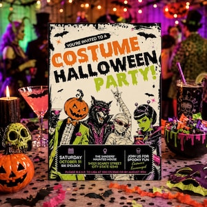 May include: A rectangular Halloween party invitation featuring a pumpkin-headed figure, a werewolf, a mummy, and a green-skinned character. The text reads: YOU'RE INVITATION TO A COSTUME HALLOWEEN PARTY! SATURDAY OCTOBER 31 SIX O'CLOCK THE SANDERS' HAUNTED HOUSE.