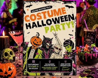Editable Halloween Party Invitation, Monster Costume Party Invite, Adult Halloween Bash, Retro Printable Invitation, Instant Download