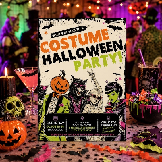 Editable Halloween Party Invitation, Monster Costume Party Invite, Adult Halloween Bash, Retro Printable Invitation, Instant Download