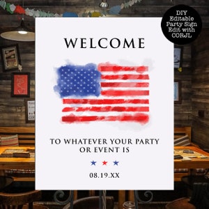American Flag Signs, Printable Welcome Signs, Editable Welcome Party Signs, Instant Download, Corjl Template, Red & Blue Sign, 4th of July
