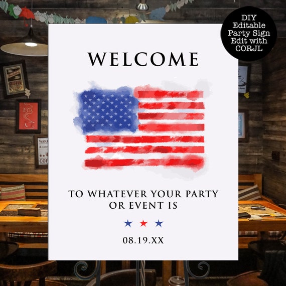 American Flag Signs, Printable Welcome Signs, Editable Welcome Party Signs, Instant Download, Corjl Template, Red & Blue Sign, 4th of July Il_570xn