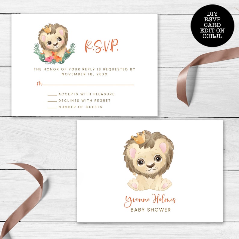 May include: White baby shower invitation and RSVP card set. The invitation features a watercolor lion illustration with a crown and floral accents. The RSVP card includes a space for the recipient's name and response.