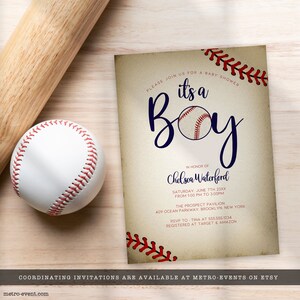 Vintage Baseball Baby Shower Invitations. Created with a vintage texture background accented with baseball laces. Designed by MetroEvents.
