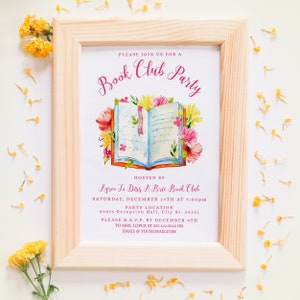 May include: A watercolor illustration of an open book with flowers around it. The text on the invitation reads "Please join us for a Book Club Party" and "Hosted by Agree To Diss A Bric Book Club". The invitation also includes the date, time, and location of the party.