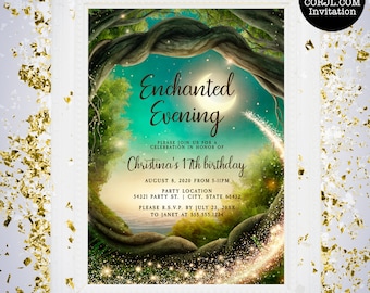 Enchanted Evening Invitation: Magical Birthday Party, Glitter Forest (Corjl Editable)