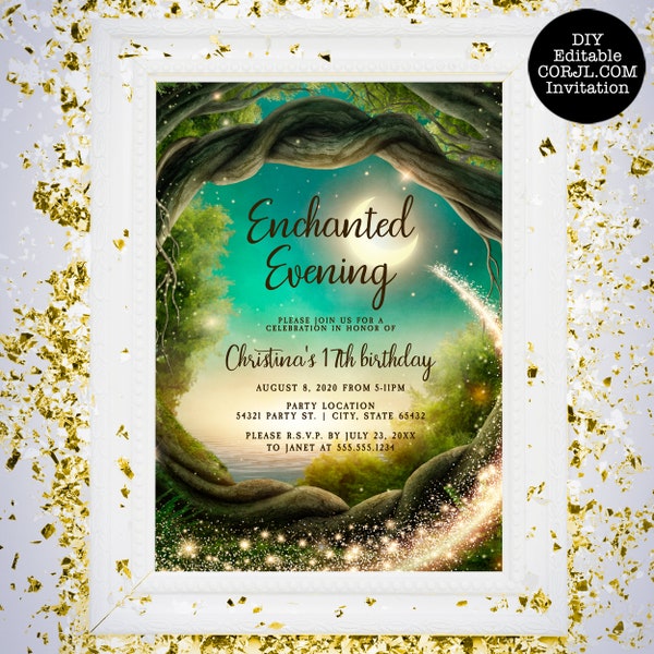 Enchanted Evening Invitations, Enchanted Themed Party, Magical Birthday, Corjl Invitations, Printable Invitation, Enchanted Invite, Download