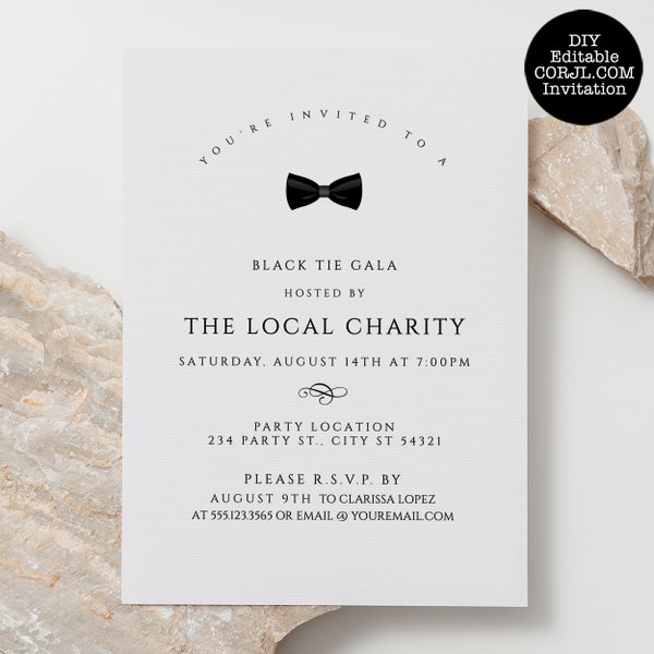 Black Tie Party Invitations, Gala Invitations, Black and White Party, Black Tie Printable, Printable Invitations, Black Tie Event Invitation