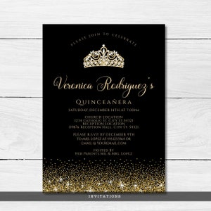 Gold and Black Glitter Quinceañera Invitations. Designed with sparkles, faux gold glitter, and a gold crown with diamond accents for a fabulous birthday. Designed By MetroEvents