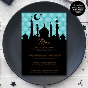 Teal Arabian Night Dinner Menu, Arabian Meal Menu, Food Menu, Arabian Nights Themed Menu, Instant Download, Printable Menu, Corjl Template