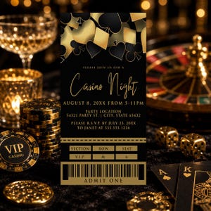 May include: A black and gold rectangular casino night invitation ticket featuring card suit icons at the top. The text reads: Please join us for a Casino Night, August 8, 20XX from 5-11PM, party location, and RSVP details. Includes a barcode and admit one.