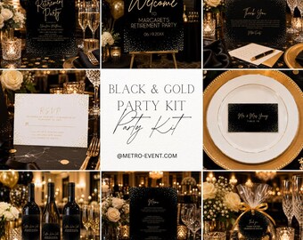 Black and Gold Invitation Set, Printable Invitation Kit, Minimalist Gold and Black Invitation Bundle, Printable Invite Kit, Corjl Template