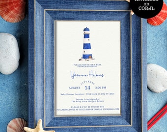 Nautical Baby Shower Invitations, Lighthouse Baby Shower Invitations, Coastal Baby Shower, Printable Invitations, Editable Invitations