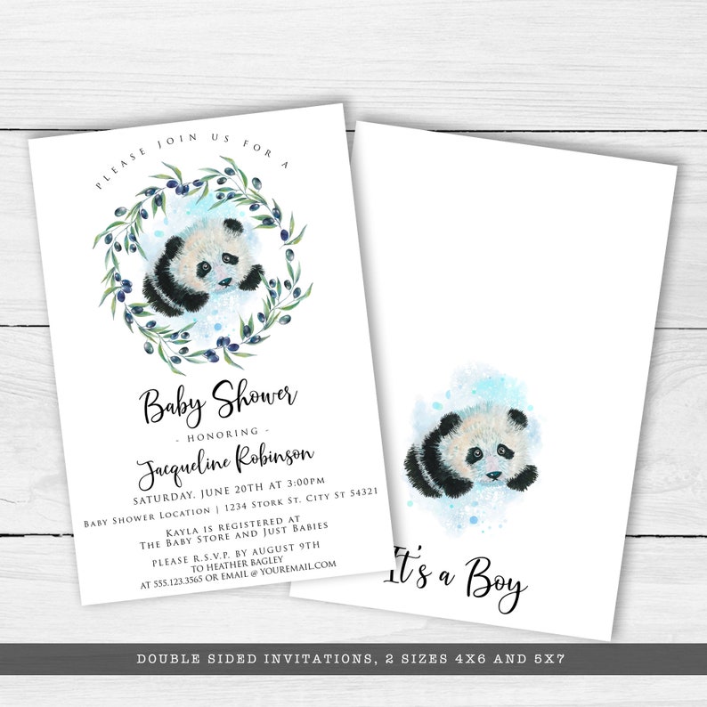 May include: White baby shower invitations with a watercolor panda bear design. One invitation features a panda in a wreath, the other says "It's a Boy". Includes event details and size information.
