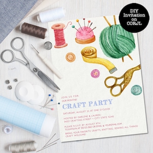 Craft Party Invitations, Sewing Party Invitation, Party Invite, Editable Invitation, Printable Invitation, Instant Download, Corjl File