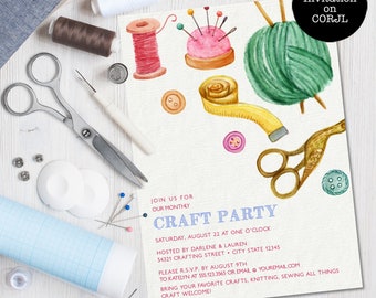 Craft Party Invitations, Sewing Party Invitation, Party Invite, Editable Invitation, Printable Invitation, Instant Download, Corjl File