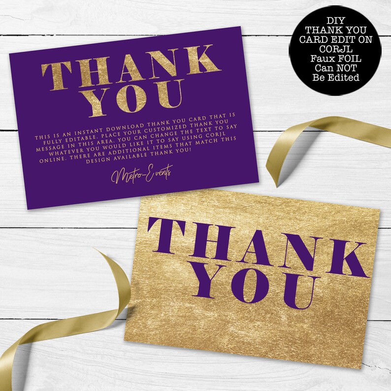 Purple and Gold Foil Thank You Card, Faux Gold Foil Thank You Card, Thank you Card, Gold Thank You Card, Corjl Thank You Card Template, DIY image 1