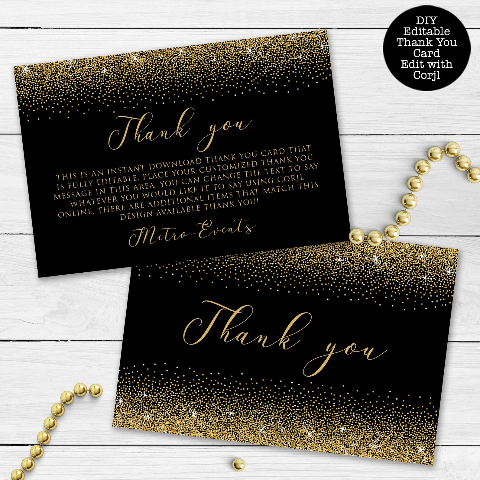 Black and Gold Thank You Card Gold Glitter Thank You Card Etsy