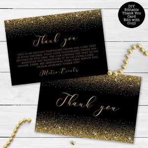 Black and Gold Thank You Card, Gold Glitter Thank You Card, Printable Thank You Card, Instant Download, Editable Thank You Card, Template
