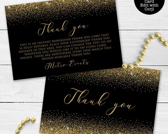 Black and Gold Thank You Card, Gold Glitter Thank You Card, Printable Thank You Card, Instant Download, Editable Thank You Card, Template