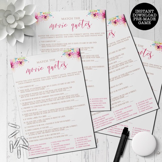 Pink Floral Tea Party Bridal Shower Game, Match the Movie Quotes Game, Floral Shower Games, Instant Download, Shower Game, Printable Games Il_570xn