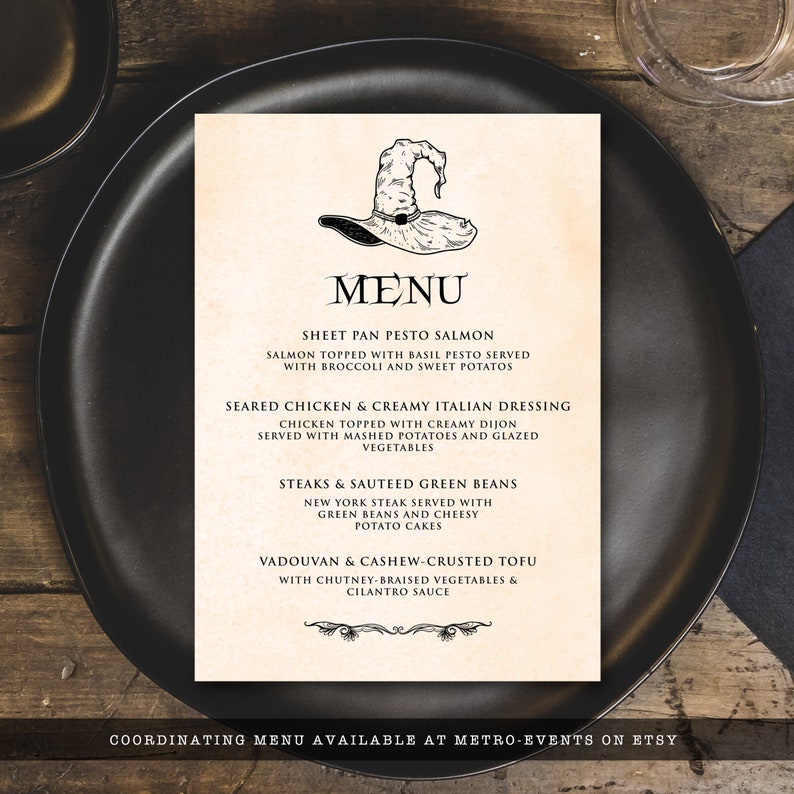 Vintage Witch Halloween Dinner Menu. Let's get WICKED! Nothing says Halloween like a witch hat and broomsticks, this party theme features both with a lightly textured background and vintage accents. Designed By MetroEvents