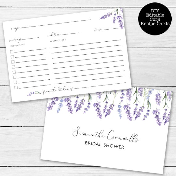 Country Lavender Recipe Cards, Purple Recipe Card, Bridal Shower Cards, Corjl Template, Instant Download, Printable Recipe Card, DIY File Il_570xn