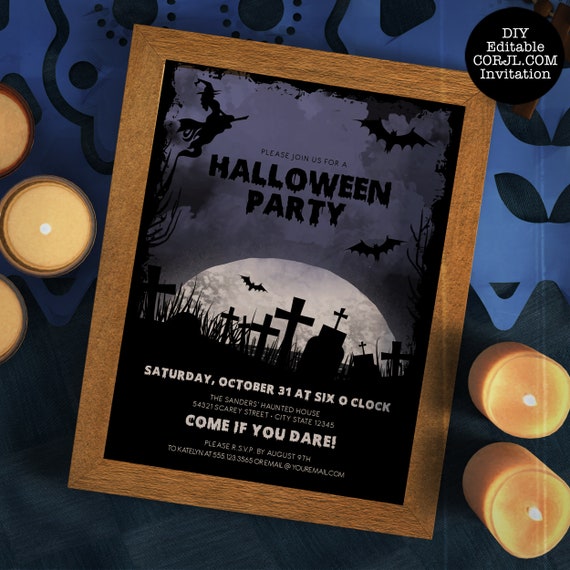 Witch Halloween Party Invitations, All Hallows Eve Invitations, Creepy Invitation, Graveyard Party Invitations, Printable Invitations Il_570xn
