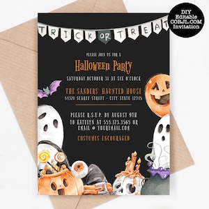 Editable Trick or Treat Halloween Invitation, Halloween Invitation, Printable Invitation, Costume Party Invitation, Corjl Halloween Template