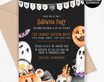Editable Trick or Treat Halloween Invitation, Halloween Invitation, Printable Invitation, Costume Party Invitation, Corjl Halloween Template