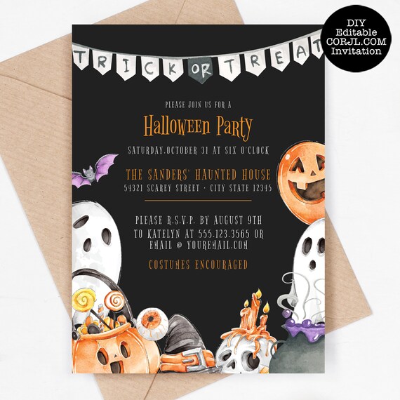 Editable Trick or Treat Halloween Invitation, Halloween Invitation, Printable Invitation, Costume Party Invitation, Corjl Halloween Template Il_570xn