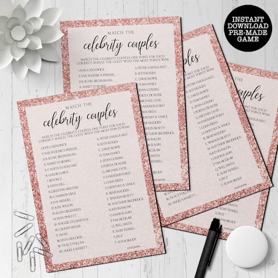 Pink Glitter Bridal Shower Game, Couple Matching Game, Celebrity Name