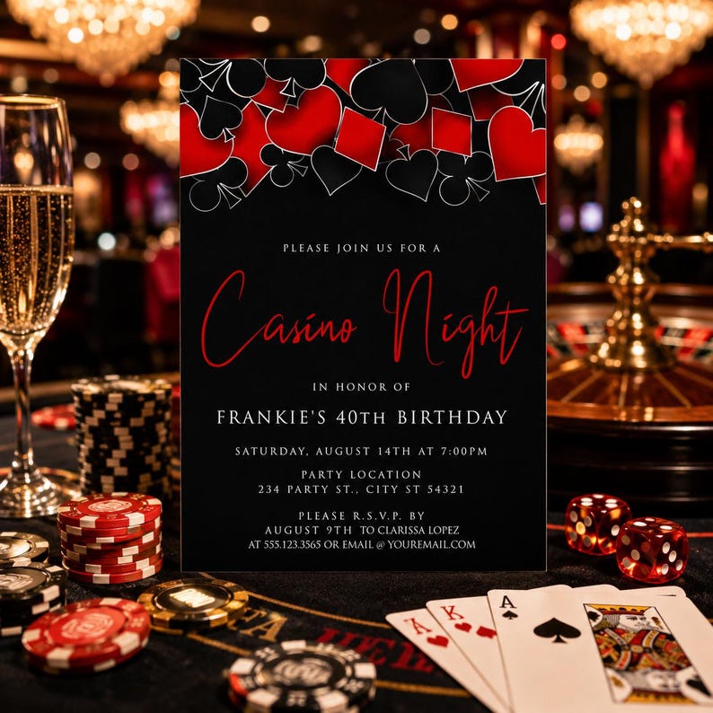 May include: A black rectangular invitation card with red and white playing card suit icons at the top. The text reads: Please join us for a Casino Night in honor of Frankie's 40th Birthday, Saturday, August 14th at 7:00pm, 234 Party St., City St 54321, RSVP by August 9th to Clarissa Lopez at 555.123.3565 or email @ youremail.com.