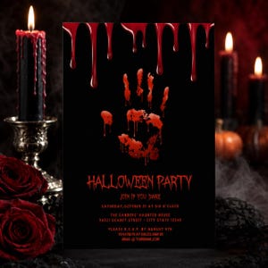 Bloody Handprint Halloween Invitation, Editable Murder Mystery and Costume Party Corjl Template