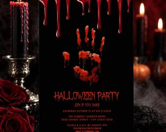 Bloody Handprint Halloween Invitation, Editable Murder Mystery and Costume Party Corjl Template
