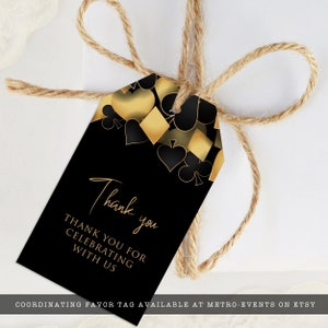 Casino night favor tag designed with hearts, diamonds, clubs, and spades framing the top in red and black. Designed By MetroEvents.