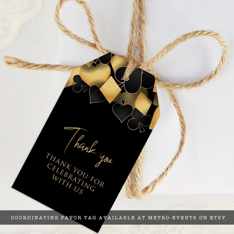 Casino night favor tag designed with hearts, diamonds, clubs, and spades framing the top in red and black. Designed By MetroEvents.