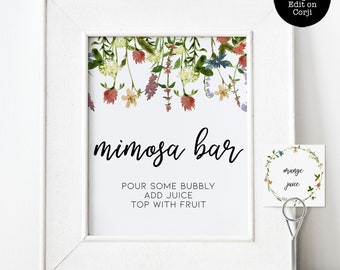 Mimosa Bar Sign and Tags, Wildflower Floral Sign Template, Bar Sign, Printable Sign, Editable Signs, Instant Download, Mimosa Bar Tags